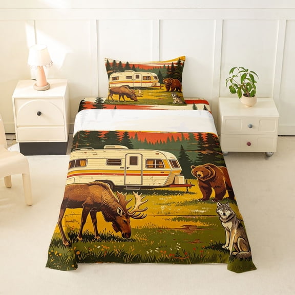 Catabedysis Country Camping Rv Twin Sheets,Wildlife Moose Wolf Bedding For Boys,Multicolor,3pcs,1 Fitted Sheet and 1 Pillowcase