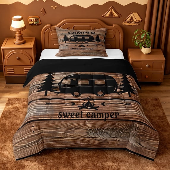 Catabedysis Country Camping Twin Comforter Sets,Sweet Camper Silhouette Print Bedding Set For Boys,Natural Wood Tone,Black Reversible,2 Pieces,1 Comforter and 1 Pillowcase
