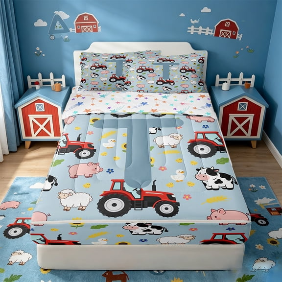 Catabedysis Country Farm Animals Zipper Twin Comforter Sets with Fitted Sheet and 2 Pillowcases For Boys,Farm Sunflower Alphabet T Design Zipper Bedding Set,Colorful Stars Reversible,4 Pieces