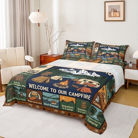 Catabedysis Country Style Camping Bed Sheets,Happy Camping Print Full Size Sheets For Boys,Multicolor,4-Piece,1 Flat Sheet, 1 Fitted Sheet and 2 Pillowcases