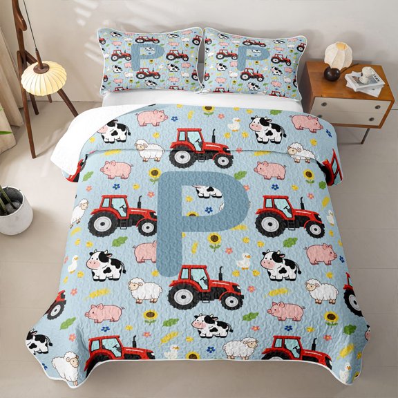 Catabedysis Cow Alphabet Print Bed Spread Queen For Boys,Rustic Farm Letter P Design Queen Coverlet Set,3Pcs