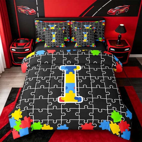Catabedysis Cute Alphabet I 7 Pieces Full Size Bedding Sets,Puzzle Grid Pattern Full Size Bed in a Bag,Black Reversible For Girls