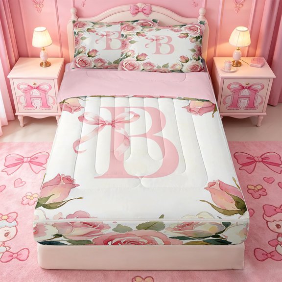 Catabedysis Cute Bowtie Initial B Zipper Full Size Comforter Sets with Fitted Sheet and 2 Pillowcases,Valentine Flowers ABC Themed Zipper Bedding Set For Girls,Pink Reversible,4 Pieces