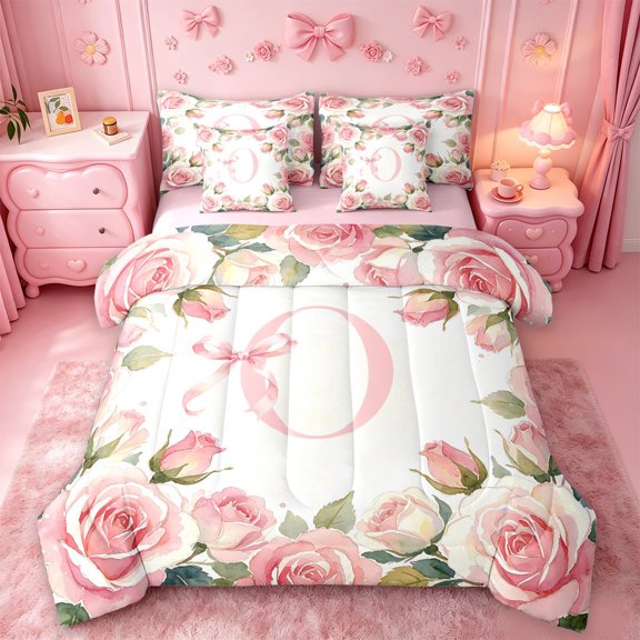 Catabedysis Cute Bowtie Initial O 7-Piece Twin Bedding,Valentine Flowers ABC Themed Bedding Comforter Set,Pink Reversible For Girls