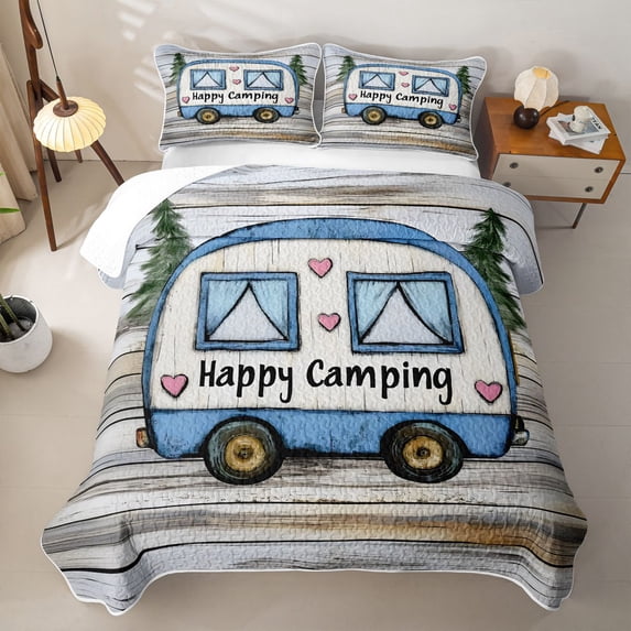 Catabedysis Cute Camping Bed Spread Queen,Heart Camper Print Queen Coverlet Set For Boys,Multicolor,3Pcs