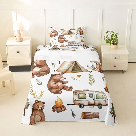 Catabedysis Cute Camping Twin Sheets,Bear Camper Pattern Bedding For Boys,Multicolor,3 Pieces,1 Fitted Sheet and 1 Pillowcase