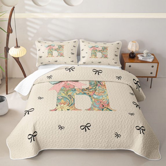 Catabedysis Cute Coquette Bowknot Twin Quilt Set,Initial Lettering Design Twin Coverlet Set For Girls,2 Pieces