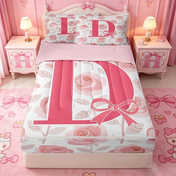 Catabedysis Cute Flowers Monogrammed Print Zipper Twin Comforter Sets with Fitted Sheet and 2 Pillowcases,Initial Letter D Zipper Bedding Set For Girls,Pink Reversible,4 Pieces
