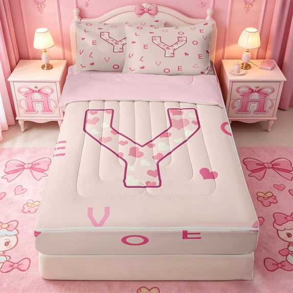 Catabedysis Cute Loves Monogrammed Zipper Full Size Comforter Sets with Fitted Sheet and 2 Pillowcases,Initial Letter Y Zipper Bedding Set For Girls,Pink Reversible,4 Pieces
