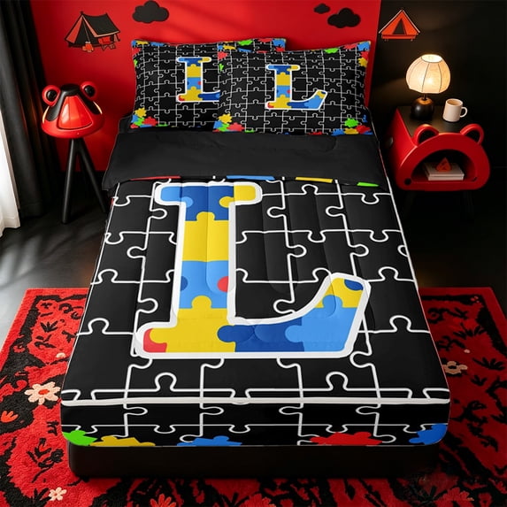Catabedysis Educational Puzzle Print Zipper Twin Comforter Sets with Fitted Sheet and 2 Pillowcases,Multicolor Jigsaw Initial L Zipper Bedding Set For Girls,Black Reversible,4 Pieces