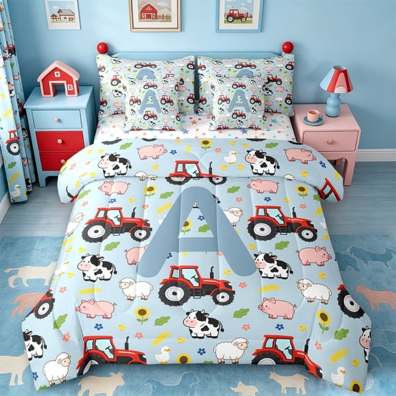 Catabedysis Farm Animals ABC Print A 7-Piece Twin Bedding,Personalized Monogrammed Gifts Bedding Comforter Set,Colorful Stars Reversible For Boys