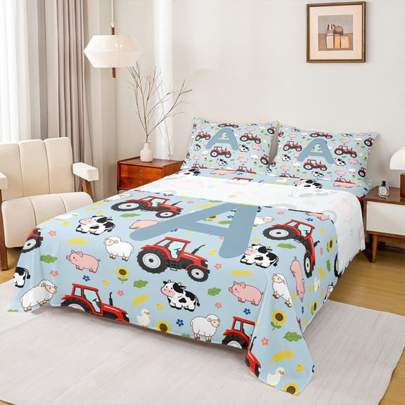 Catabedysis Farm Animals ABC Print A Bed Sheets For Boys,Personalized Monogrammed Gifts Full Size Sheets,4 Pieces,1 Flat Sheet, 1 Fitted Sheet and 2 Pillowcases