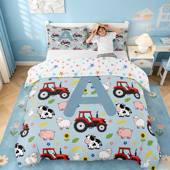 Catabedysis Farm Animals ABC Print A Bedding For Boys,Personalized Monogrammed Gifts Duvet Cover Full,Colorful Stars Reversible,3 Pieces,1 Duvet Cover and 2 Pillowcases