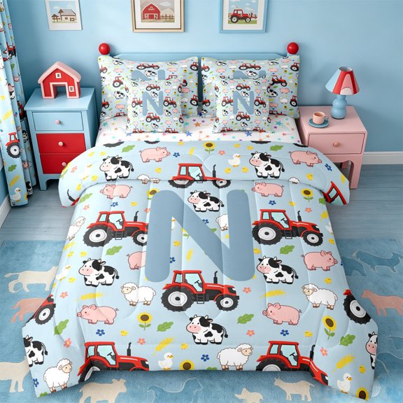 Catabedysis Farm Animals ABC Print N 7-Piece Twin Bedding,Personalized Monogrammed Gifts Bedding Comforter Set,Colorful Stars Reversible For Boys