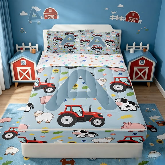 Catabedysis Farm Animals ABC Print A Zipper Twin Comforter Sets with Fitted Sheet and 2 Pillowcases For Boys,Personalized Monogrammed Gifts Zipper Bedding Set,Colorful Stars Reversible,4-Piece