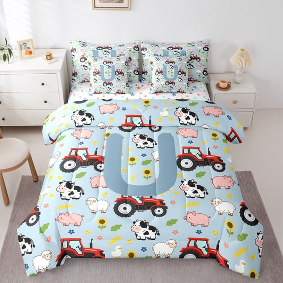 Catabedysis Farm Equipment Tractor 7 Pieces Full Size Bedding Sets,Blue Initial U Pattern Full Size Bed in a Bag,Colorful Stars Reversible For Boys