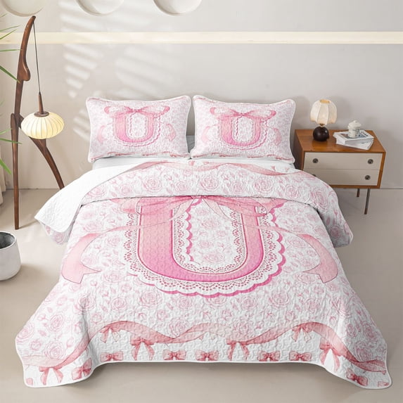 Catabedysis Fashion Bow Tie Twin Quilt Set,2D Pink Initial U Pattern Twin Coverlet Set For Girls,2Pcs