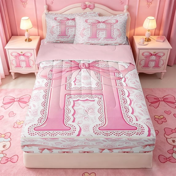 Catabedysis Fashion Bow Tie Zipper Full Size Comforter Sets with Fitted Sheet and 2 Pillowcases,3D Pink Initial H Pattern Zipper Bedding Set For Girls,Pink Reversible,4-Piece