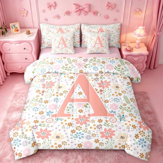Catabedysis Floral ABC Print A 7-Piece Twin Bedding,Colorful Monogrammed Gifts Bedding Comforter Set,Pink Reversible For Girls