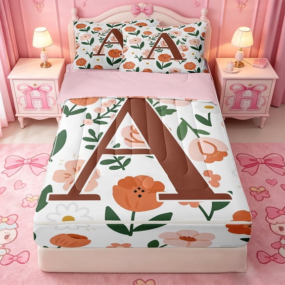 Catabedysis Floral ABC Print A Zipper Twin Comforter Sets with Fitted Sheet and 2 Pillowcases,Personalized Monogrammed Gifts Zipper Bedding Set For Girls,Pink Reversible,4-Piece