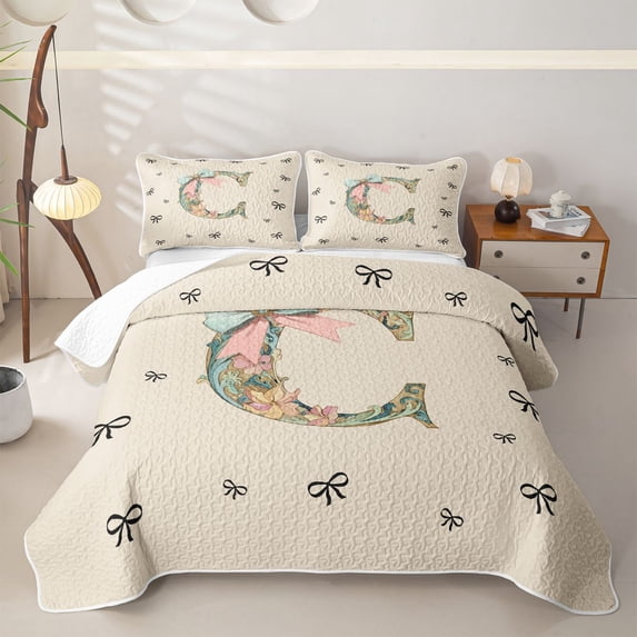 Catabedysis Floral Alphabet Print Twin Quilt Set,Ribbon Bows Letter C Design Twin Coverlet Set For Girls,3Pcs