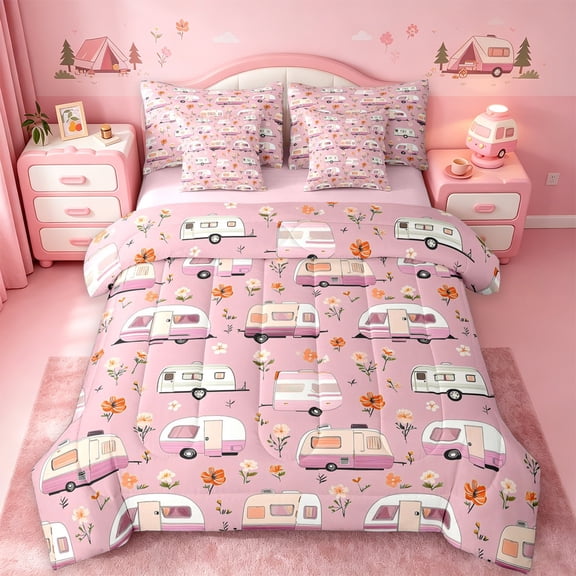 Catabedysis Floral Camping 7-Piece Twin Bedding For Girls,Vintage Camper Pattern Bedding Comforter Set,Pink White,Pink Reversible