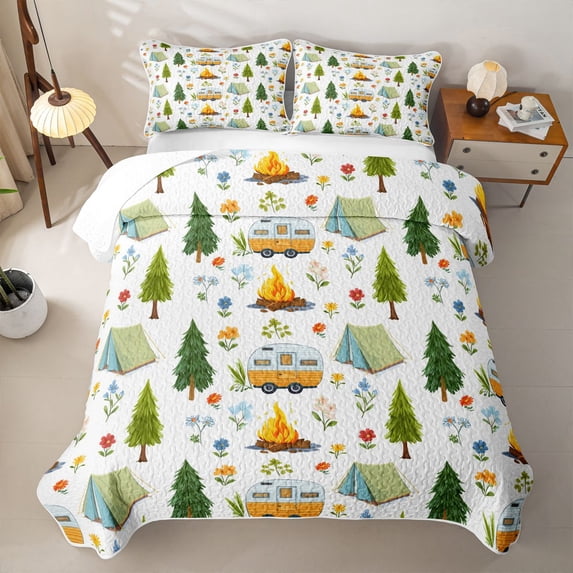 Catabedysis Floral Camping Quilt Full,Caravan Tent Pattern Full Bedspread Sets For Boys,Multicolor,3-Piece