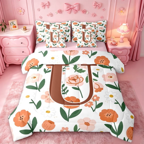 Catabedysis Floral Print 7-Piece Twin Bedding,Brown Initial U Pattern Bedding Comforter Set,Pink Reversible For Girls