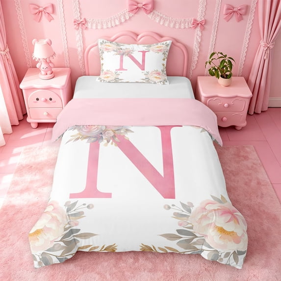 Catabedysis Flower Alphabet Print Twin Duvet Cover,Rustic Plant Letter N Design Twin Bedding For Girls,Pink Reversible,2pcs,1 Duvet Cover and 1 Pillowcase
