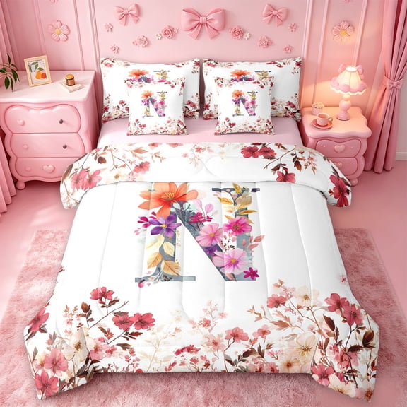 Catabedysis Flowers ABC Print N 7-Piece Twin Bedding,Personalized Monogrammed Gifts Bedding Comforter Set,Pink Reversible For Girls