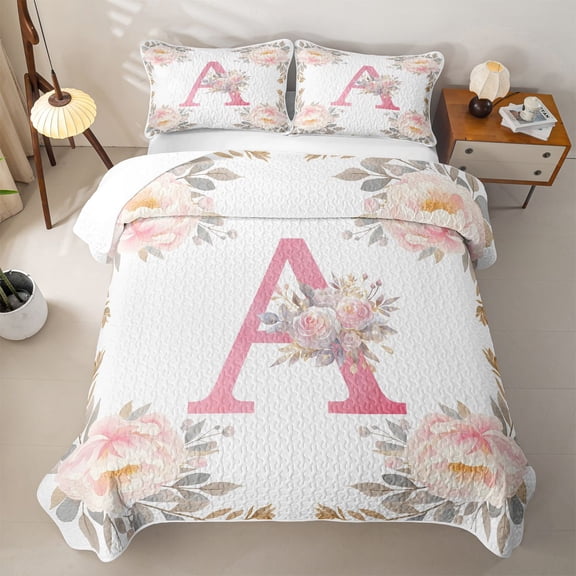Catabedysis Flowers Abc Print A Quilt Full,Personalized Monogrammed Gifts Full Bedspread Sets For Girls,3Pcs