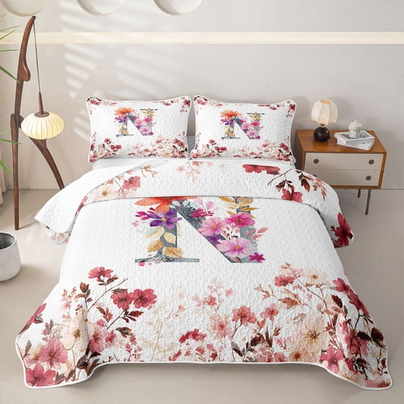 Catabedysis Flowers Abc Print N Twin Quilt Set,Personalized Monogrammed Gifts Twin Coverlet Set For Girls,2 Pieces