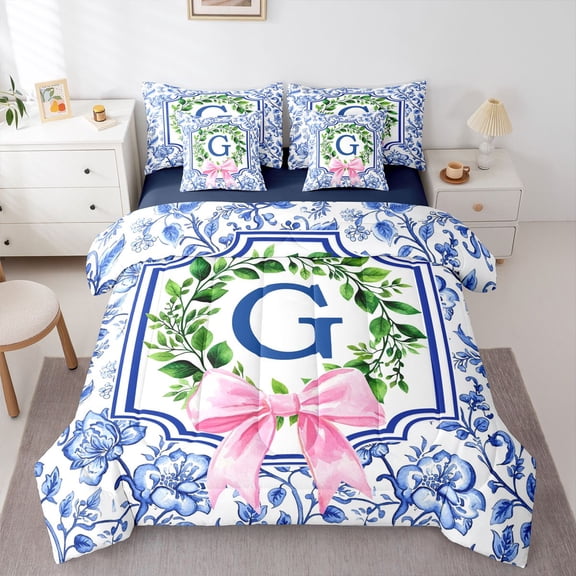 Catabedysis Green Leaf Wreath 7-Piece Twin Bedding,Watercolor Bow Alphabet G Design Bedding Comforter Set,Navy Blue Reversible For Girls