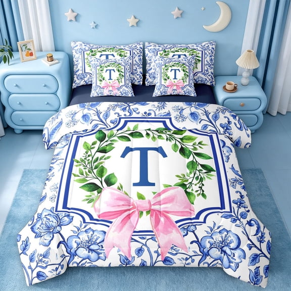 Catabedysis Green Leaf Wreath 7 Pieces Full Size Bedding Sets,Watercolor Bow Alphabet T Design Full Size Bed in a Bag,Navy Blue Reversible For Girls