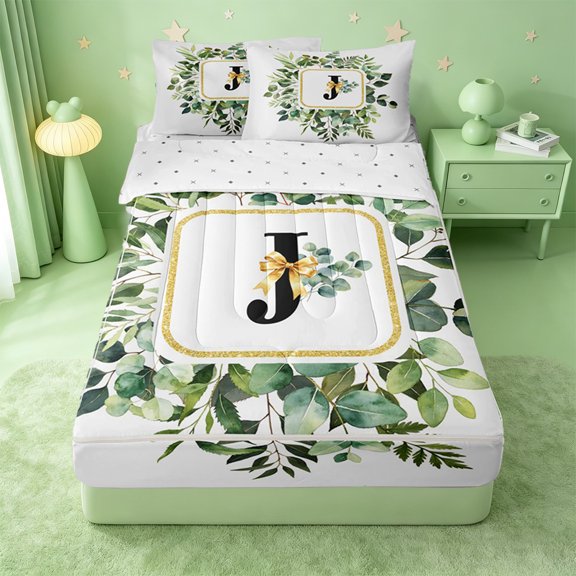 Catabedysis Green Leaves Monogrammed Print Zipper Twin Comforter Sets with Fitted Sheet and 2 Pillowcases,Initial Letter J Zipper Bedding Set For Girls,Reversible,4-Piece