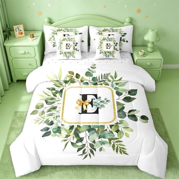 Catabedysis Green Plants Alphabet E 7-Piece Twin Bedding,Rustic Botanical Theme Bedding Comforter Set,Reversible For Girls
