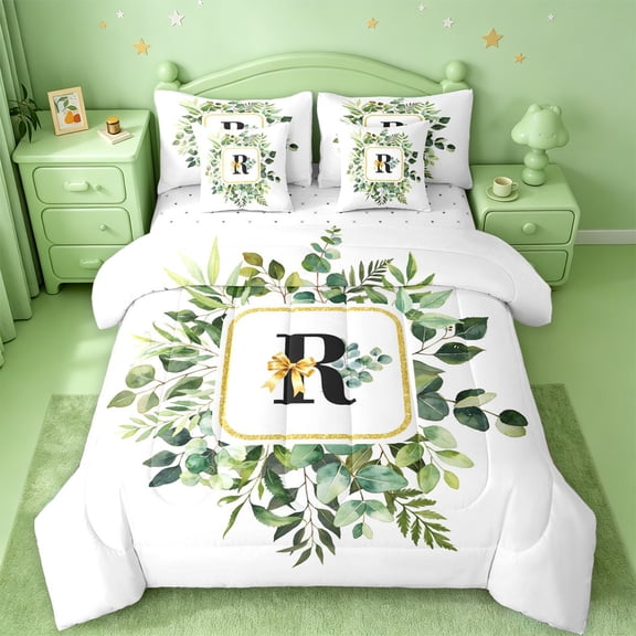 Catabedysis Green Plants Alphabet R 7-Piece Twin Bedding,Rustic Botanical Theme Bedding Comforter Set,Reversible For Girls