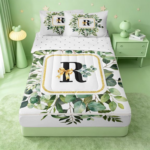 Catabedysis Green Plants Alphabet R Zipper Twin Comforter Sets with Fitted Sheet and 2 Pillowcases,Rustic Botanical Theme Zipper Bedding Set For Girls,Reversible,4-Piece