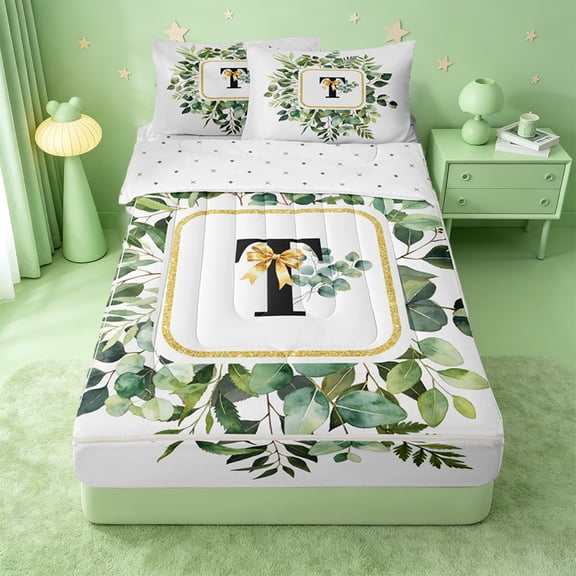 Catabedysis Green Rustic Leaves Zipper Twin Comforter Sets with Fitted Sheet and 2 Pillowcases,Alphabet T Design Zipper Bedding Set For Girls,Reversible,4-Piece