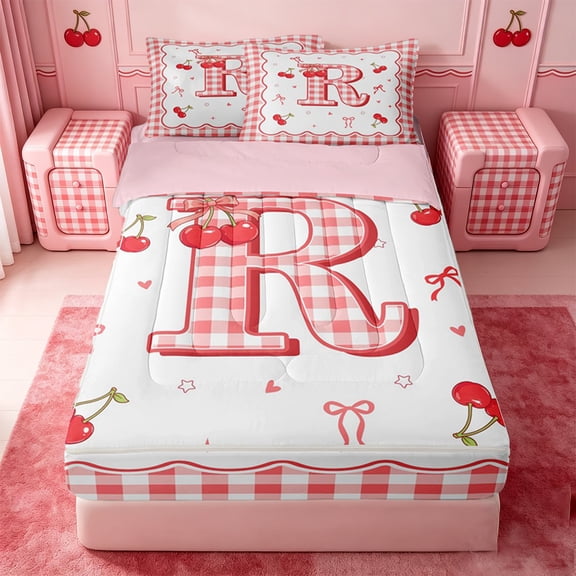 Catabedysis Grid Alphabet R Zipper Twin Comforter Sets with Fitted Sheet and 2 Pillowcases,Sweet Cherry Bowknot Zipper Bedding Set For Girls,Pink Reversible,4 Pieces