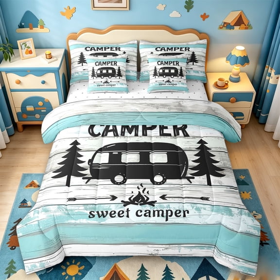 Catabedysis Happy Camping 7 Pieces Full Size Bedding Sets,Rustic Camper Farmhouse Adventure Full Size Bed in a Bag For Boys,Multicolor,Reversible