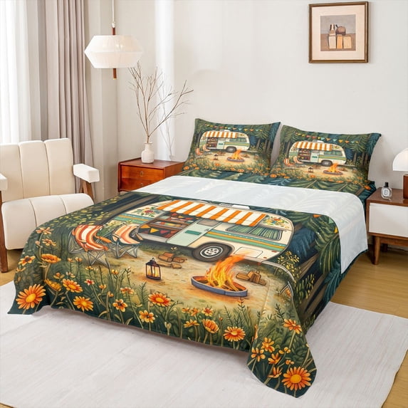 Catabedysis Happy Camping Bed Sheets For Girls,Cute Floral Camper Print Full Size Sheets,Multicolor,4pcs,1 Flat Sheet, 1 Fitted Sheet and 2 Pillowcases