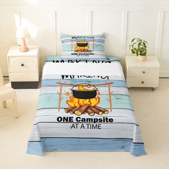 Catabedysis Happy Camping Twin Sheets,Campfire Print Bedding For Boys,Multicolor,3-Piece,1 Fitted Sheet and 1 Pillowcase