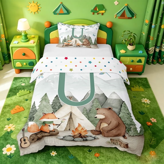 Catabedysis Jungle Wildlife Bear Twin Duvet Cover For Boys,Rustic Adventure Theme Monogrammed U Twin Bedding For Boys,Polkadot Reversible,2-Piece,1 Duvet Cover and 1 Pillowcase
