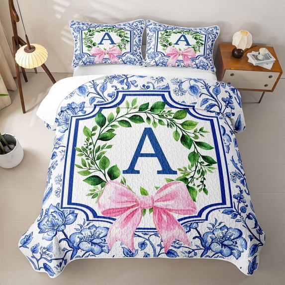 Catabedysis Kawaii Bow Abc Print A Quilt Full,Personalized Monogrammed Themed Full Bedspread Sets For Girls,3 Pieces