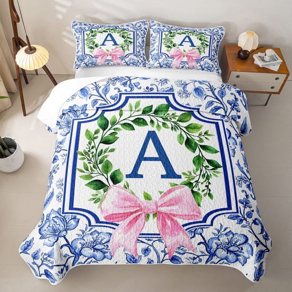 Catabedysis Kawaii Bow Abc Print A Quilt Full,Personalized Monogrammed Themed Full Bedspread Sets For Girls,3 Pieces