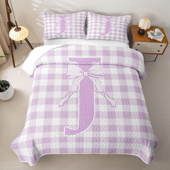 Catabedysis Kawaii Bowtie Letter J Quilt King,Geometric Plaid Pattern King Coverlet Set For Girls,3 Pieces
