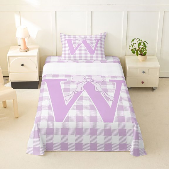 Catabedysis Kawaii Bowtie Letter W Twin Sheets,Geometric Plaid Pattern Bedding For Girls,3pcs,1 Fitted Sheet and 1 Pillowcase
