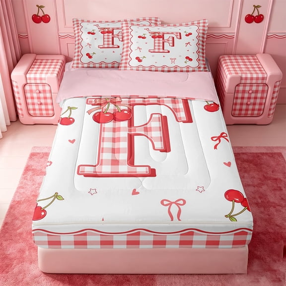 Catabedysis Kawaii Cherry Initial Letter Zipper Twin Comforter Sets with Fitted Sheet and 2 Pillowcases,Ribbon Bows Alphabet F Zipper Bedding Set For Girls,Pink Reversible,4 Pieces