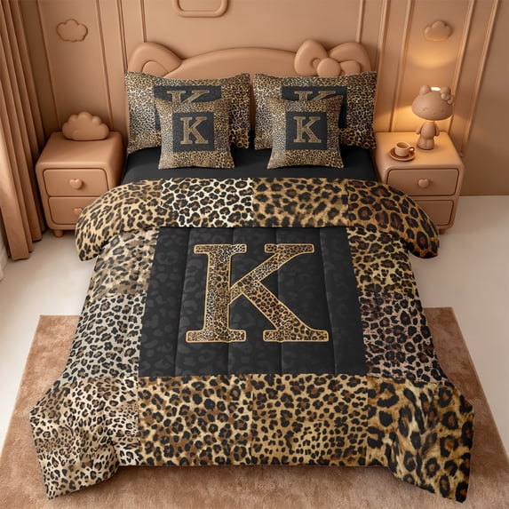 Catabedysis Leopard Monogram K 7-Piece Twin Bedding,Cheetah Animal Print Bedding Comforter Set,Black Reversible For Girls